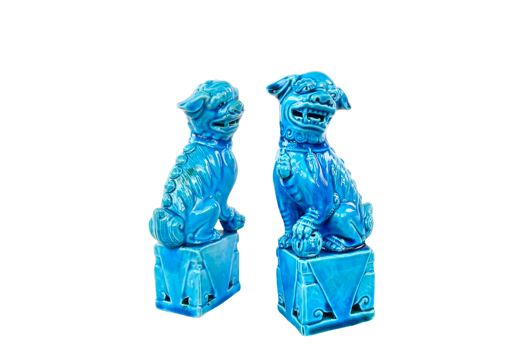Paire de chiens Fô, céramique chinoise peinte à la main, Mid-century